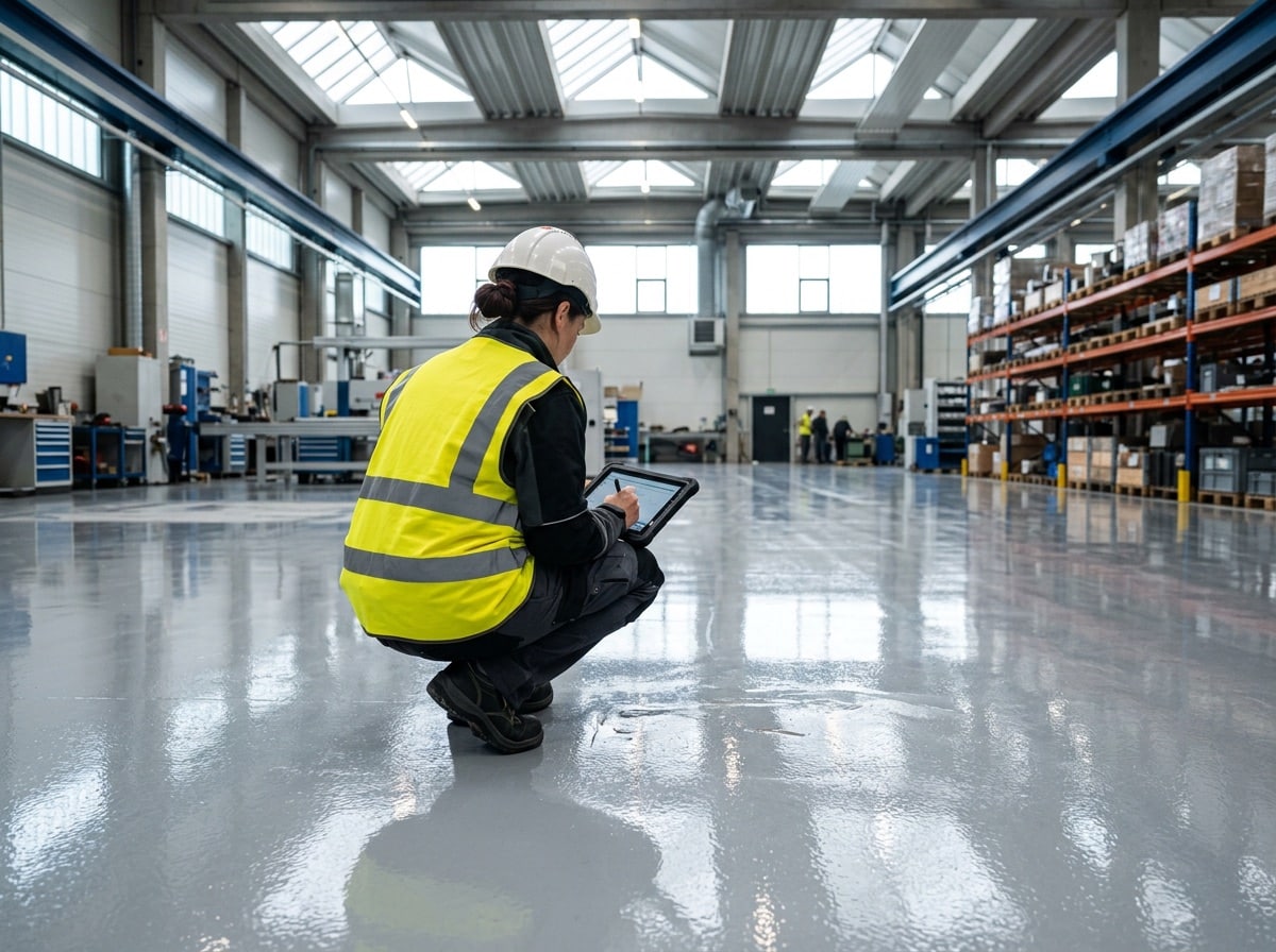 Tekniker inspicerer epoxygulv i industrihal